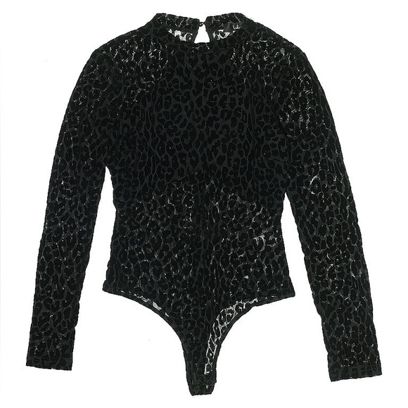 NWT LULUS SEMI SHEER LEOPARD PRINT VELVET THONG BODYSUIT BLACK S ANIMAL PRINT - Picture 3 of 16